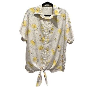 Light Yellow Floral Tie-Front Button Down Shirt